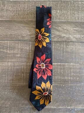 80s Florenzi Floral Pattern Black Tie with Orange and Gold Modern Flowers